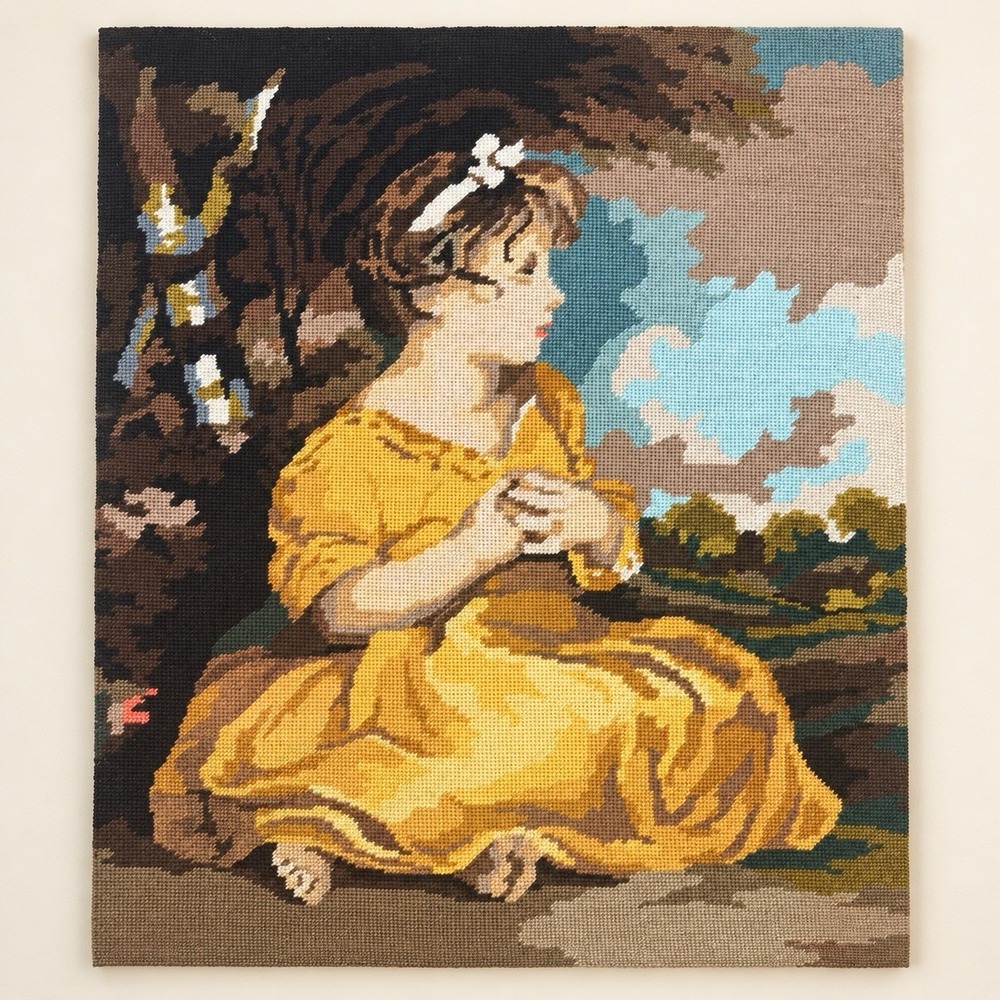 Vintage Needlepoint Hand Stitched DMC Tapestry Girl "Age of Innocence" 25 X 20"